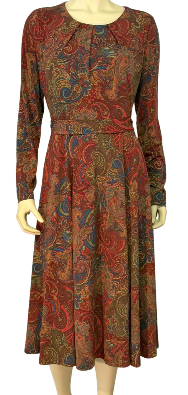 Appleseeds Sz S Long Sleeve Midi Dress Classic Brown Paisley Print Poly Knit